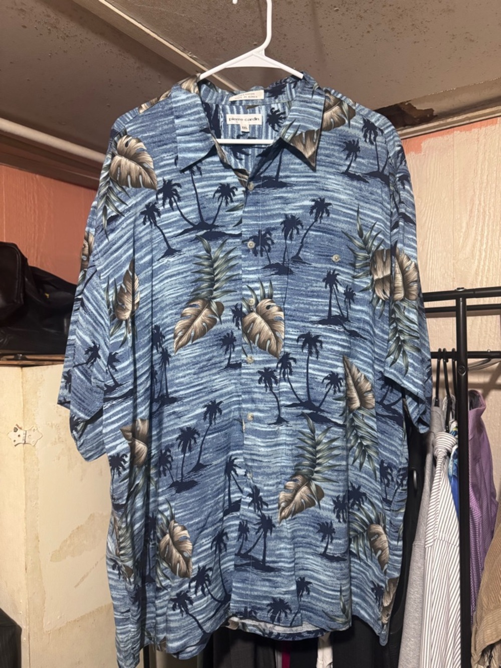 Pierre Cardin Hawaiian Shirt Mens XXL Blue Palm Tropical Rayon Button Up